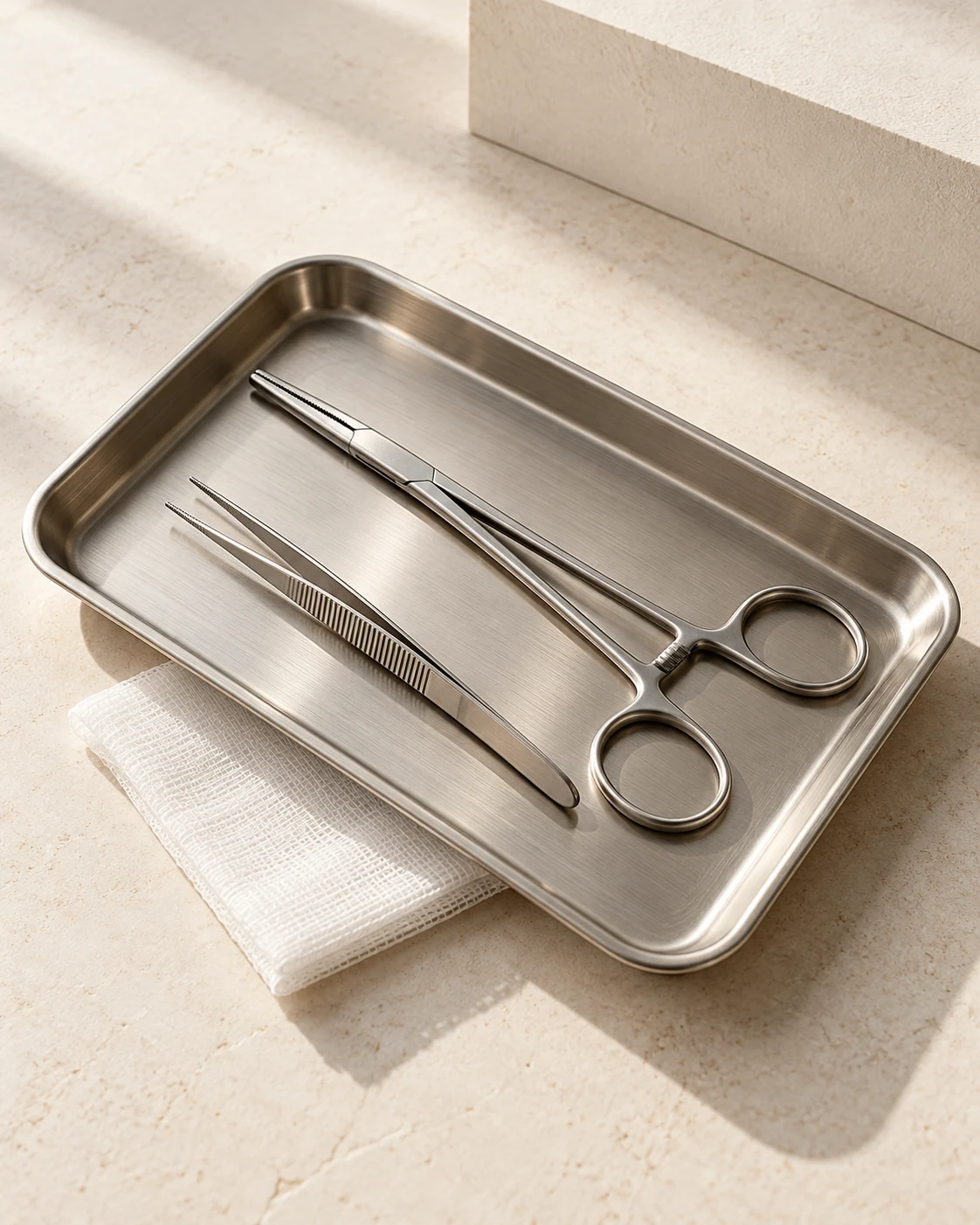 Illustrative still life of surgical instruments and gauze
